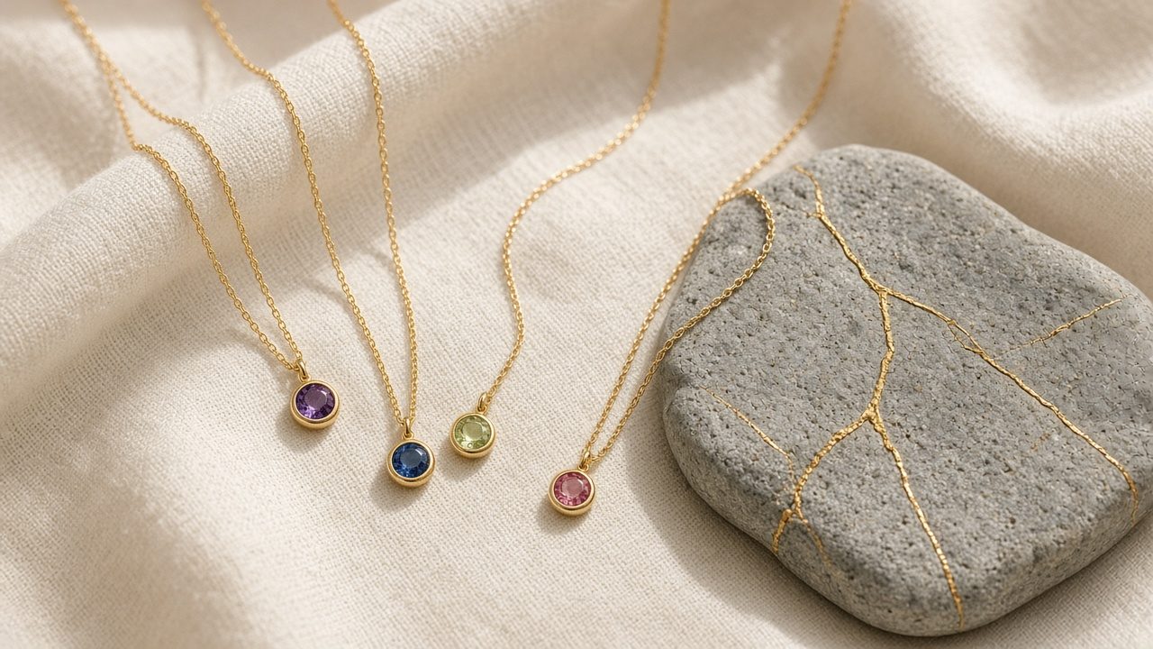Dainty pendant necklaces in gold tones on cream linen