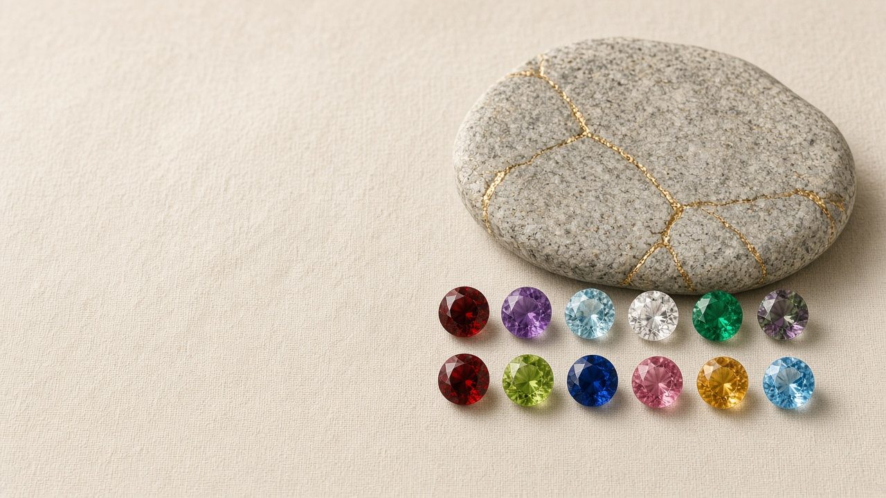 Delicate birthstones beside a grey stone mended with gold