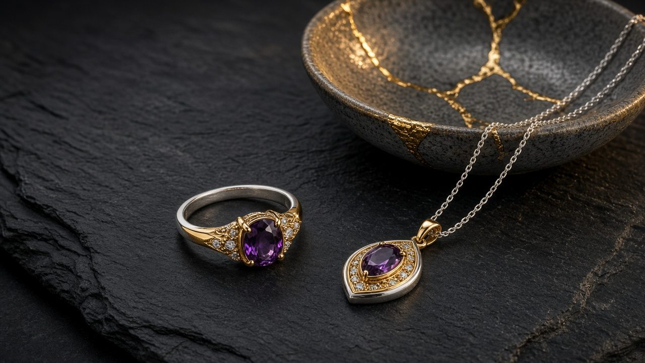 Jewellery on dark slate beside a dish repaired with gold