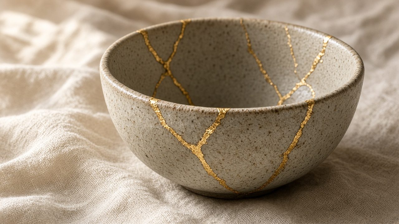 A ceramic bowl repaired with gold kintsugi seams