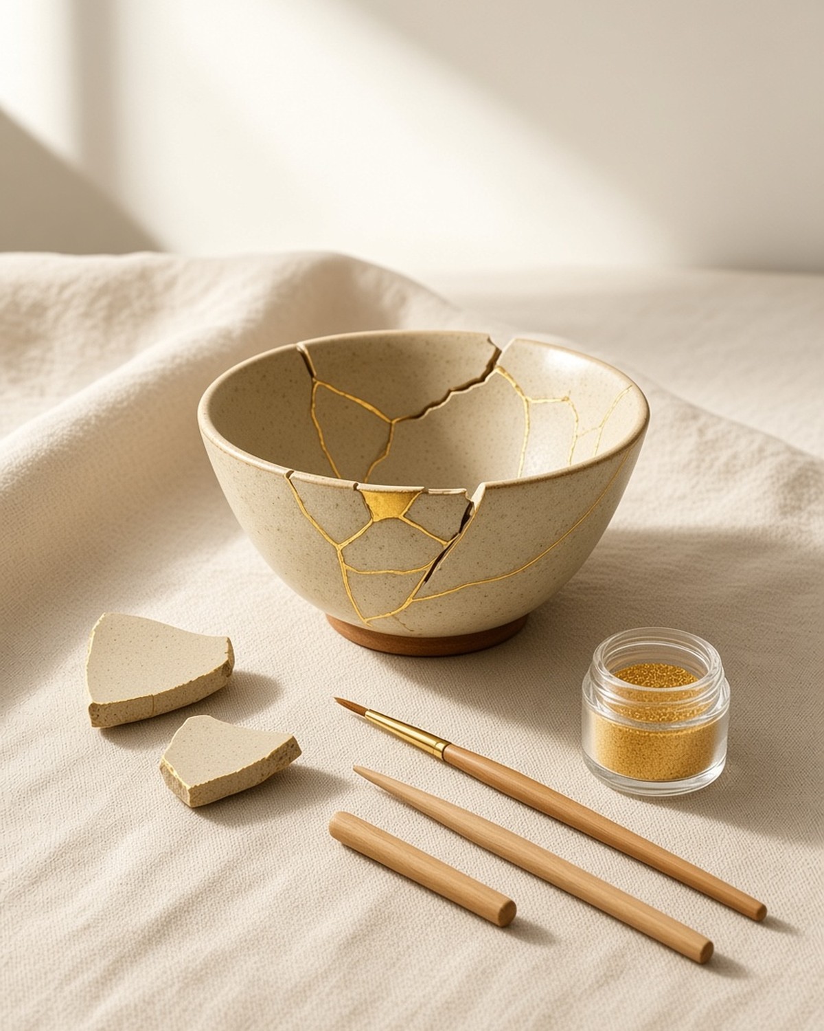 A cream bowl mended with gold seams beside a small kintsugi kit